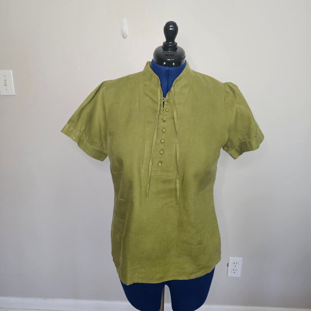 Carol Little Olive Green Linen Blouse Button Front Mandarin Collar Boho M